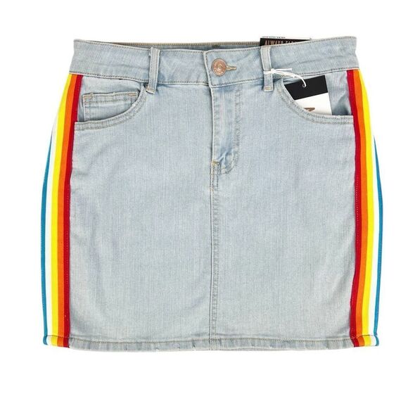Almost Famous Dresses & Skirts - Almost Famous Light Wash Mid Rise Denim Jean Skirt Rainbow Stripe Y2K Size 5